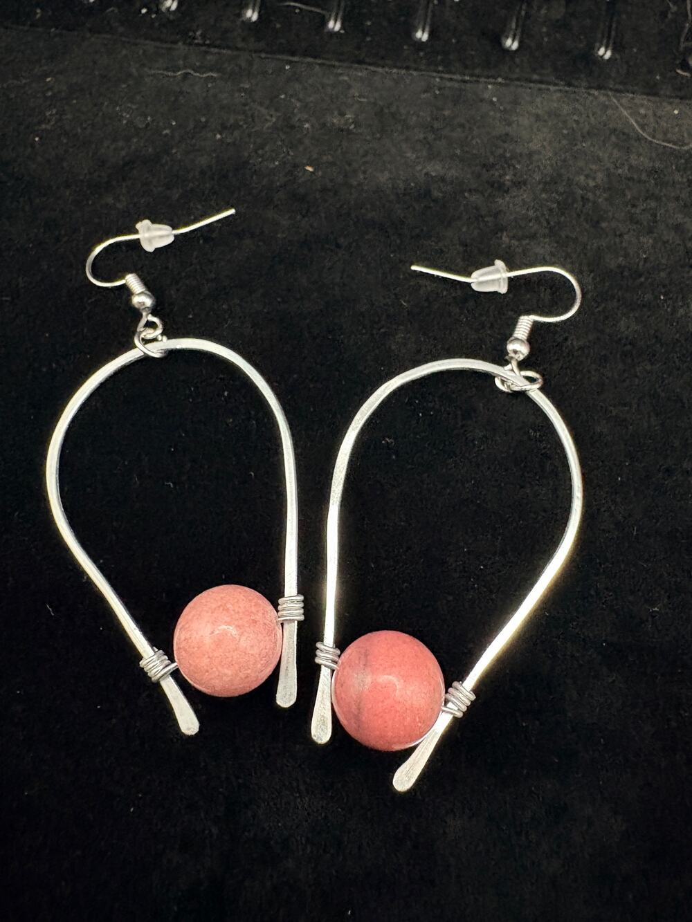 Handmade Hammered Wire Rhodonite Crystal Earrings